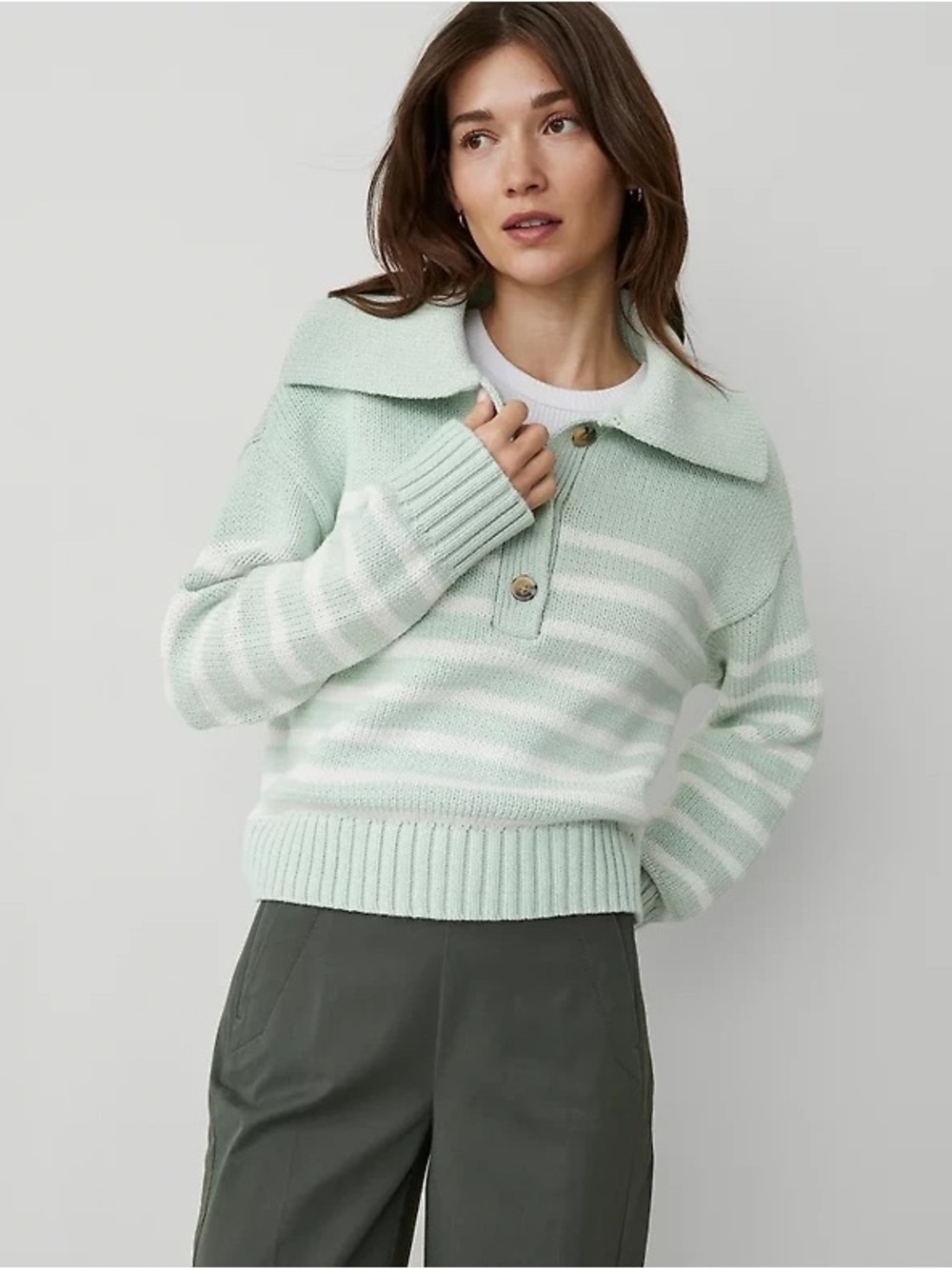 NWOT Petite Ann Taylor Herbal Green Striped Sailo Sweater